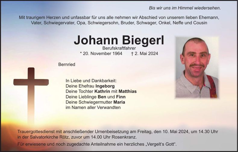Traueranzeige Johann Biegerl
