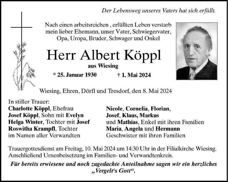 Traueranzeige Albert Köppl