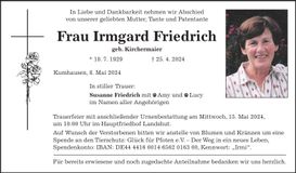Traueranzeige Irmgard Friedrich