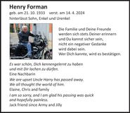 Traueranzeige Henry Forman