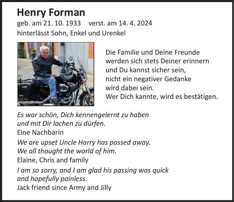 Traueranzeige Henry Forman