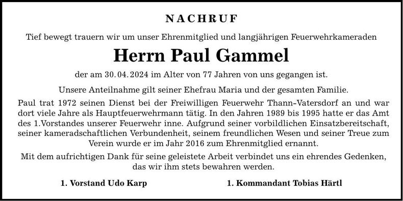 Traueranzeige Paul Gammel