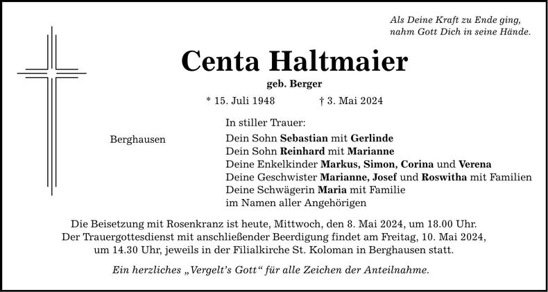 Traueranzeige Centa Haltmaier