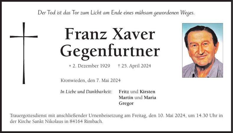 Traueranzeige Franz Xaver Gegenfurtner