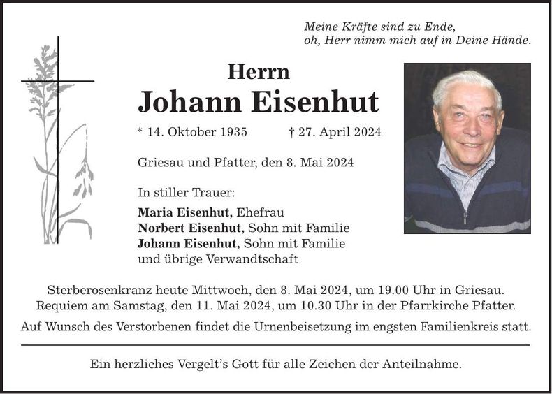 Traueranzeige Johann Eisenhut