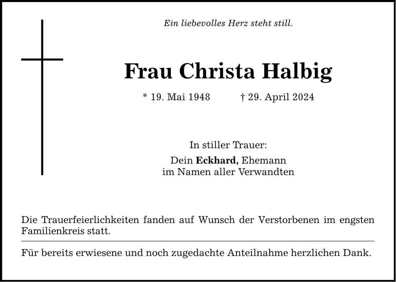 Traueranzeige Christa Halbig