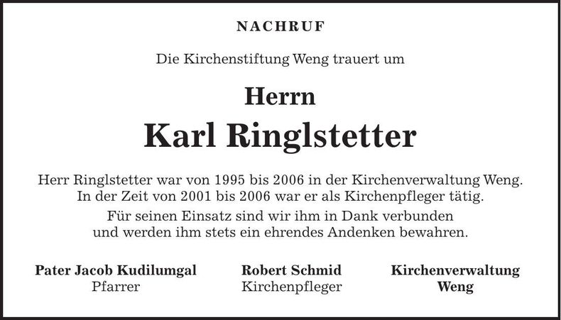 Traueranzeige Karl Ringlstetter