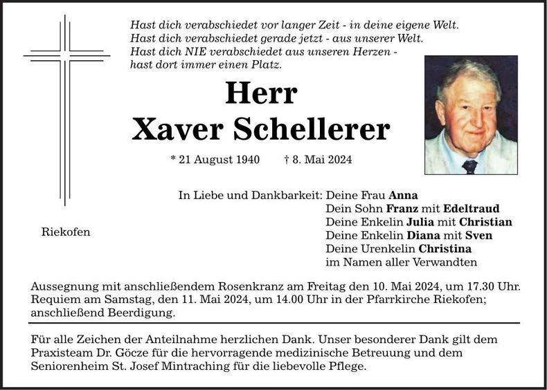 Traueranzeige Xaver Scheller