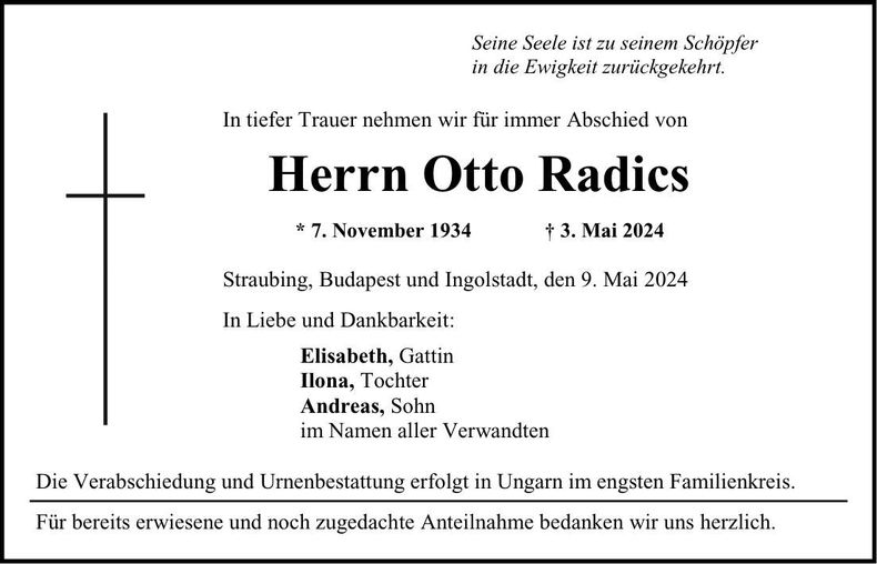 Traueranzeige Otto Radics