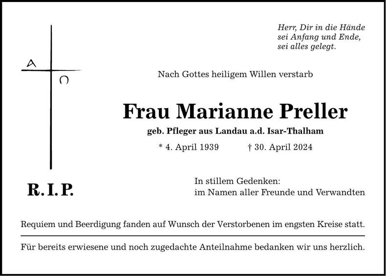 Traueranzeige Marianne Preller