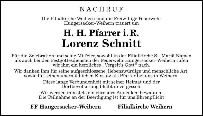 Traueranzeige Lorenz H.H. Pfarrer Schnitt