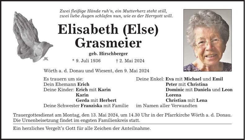 Traueranzeige Elisabeth Grasmeier