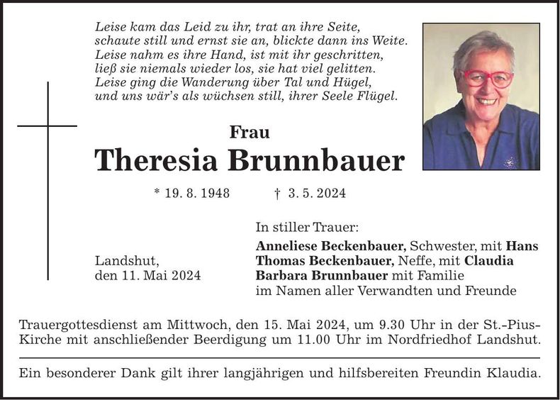 Traueranzeige Theresia Brunnbauer