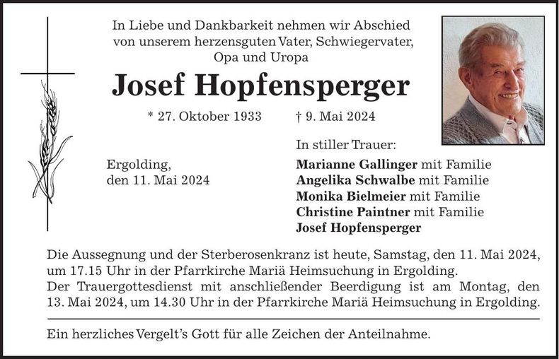 Traueranzeige Josef Hopfensperger