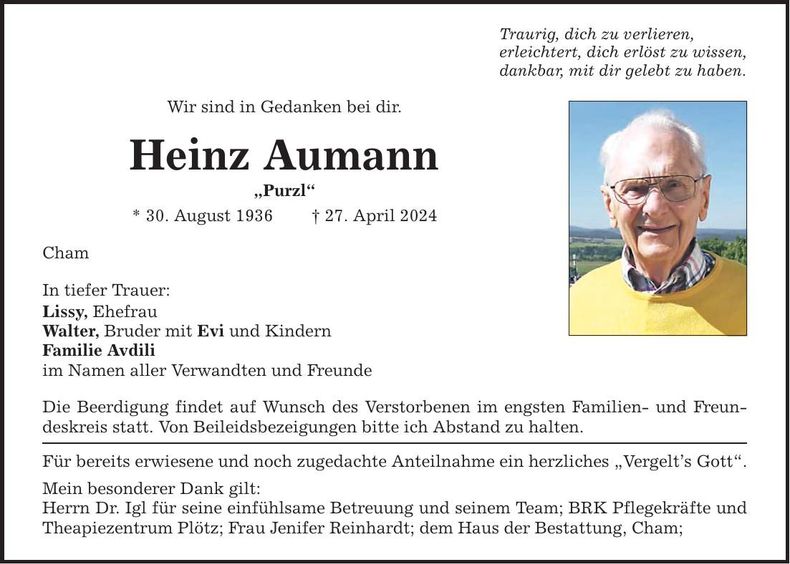 Traueranzeige Heinz Aumann