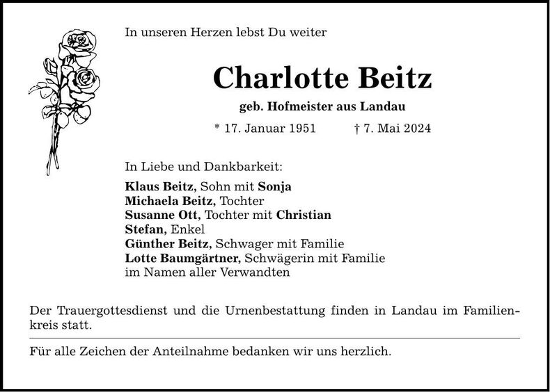 Traueranzeige Charlotte Beitz