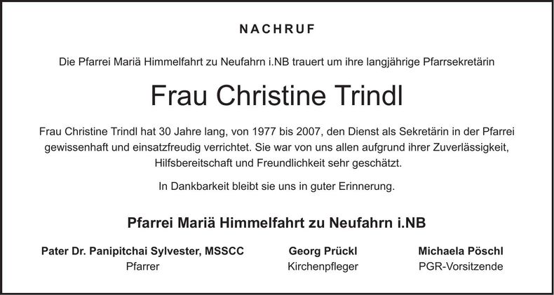 Traueranzeige Christine Trindl