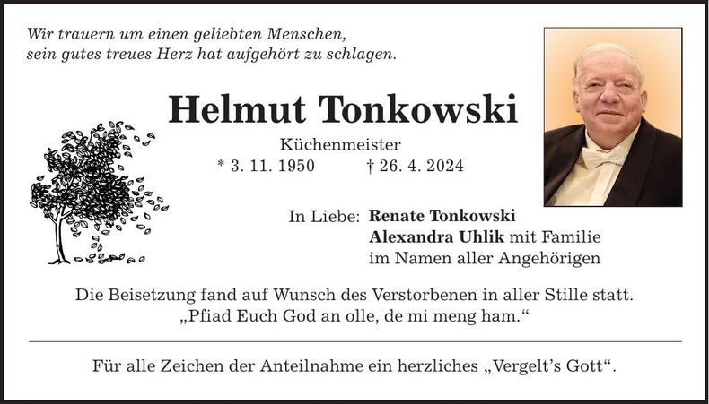 Traueranzeige Helmut Tonkowski