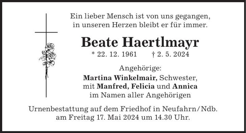 Traueranzeige Beate Haertlmayr