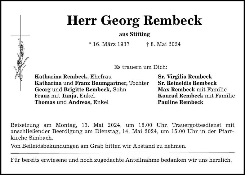 Traueranzeige Georg Rembeck