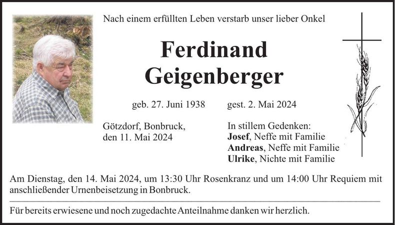 Traueranzeige Geigenberger Ferdinand