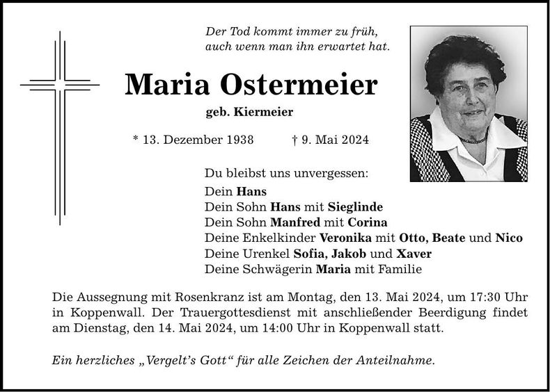 Traueranzeige Maria Ostermeier