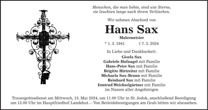 Traueranzeige Hans Sax