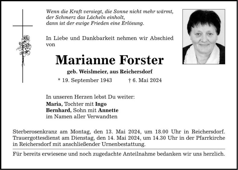 Traueranzeige Marianne Forster