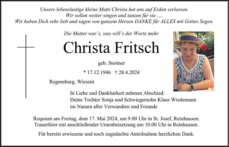 Traueranzeige Christa Fritsch
