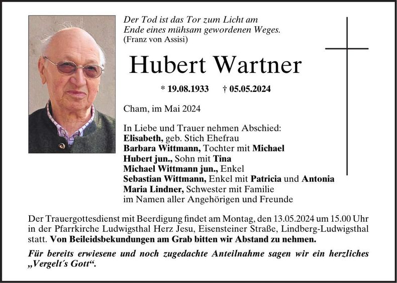 Traueranzeige Hubert Wartner