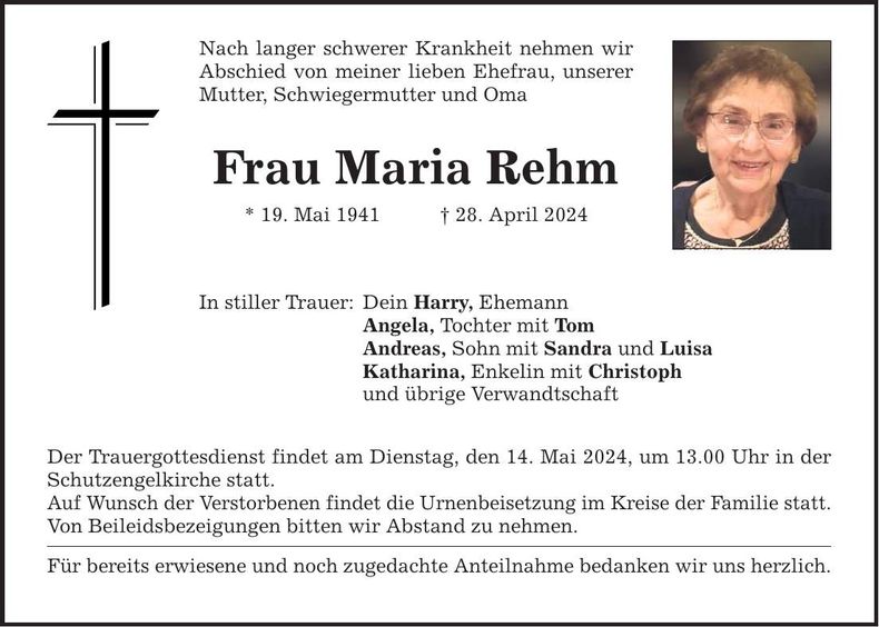 Traueranzeige Maria Rehm