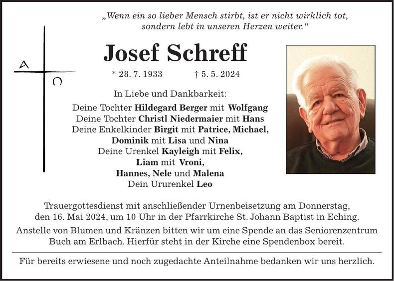 Traueranzeige Josef Schreff