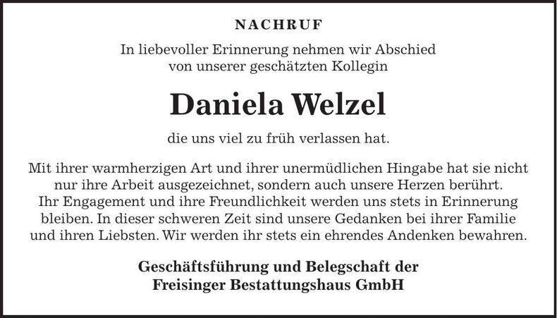Traueranzeige Daniela Welzel