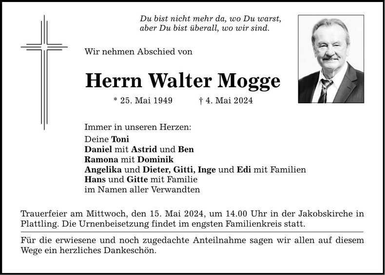 Traueranzeige Walter Mogge