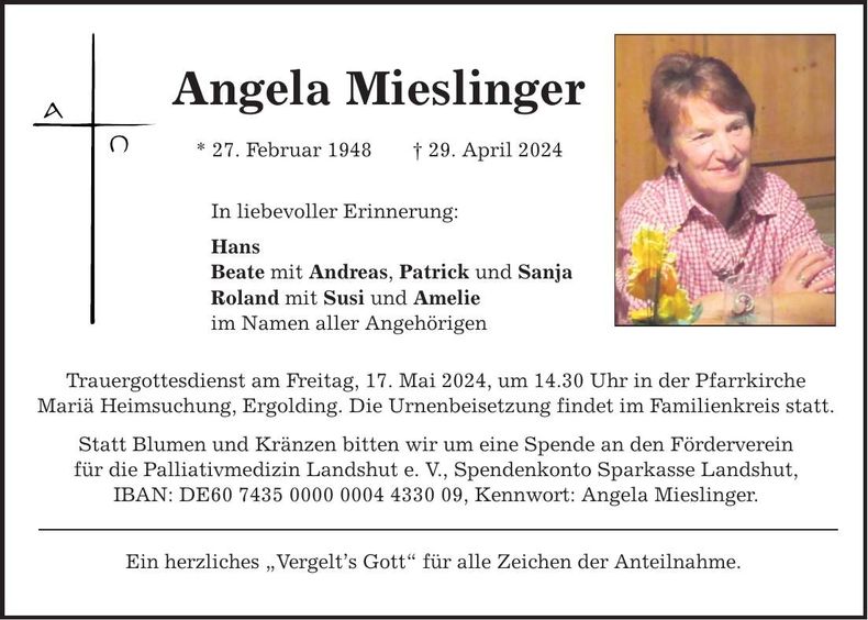 Traueranzeige Angela Mieslinger