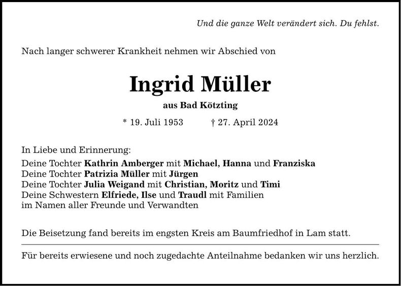 Traueranzeige Ingrid Müller