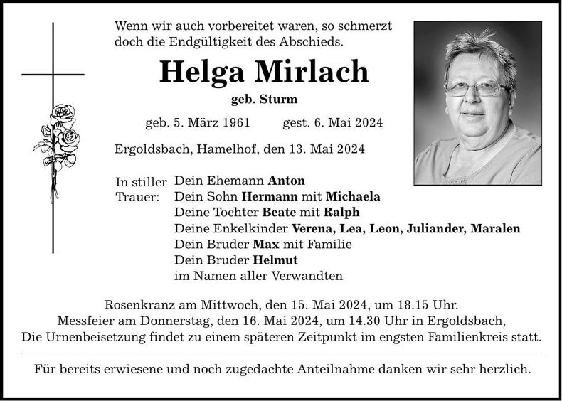 Traueranzeige Helga Mirlach