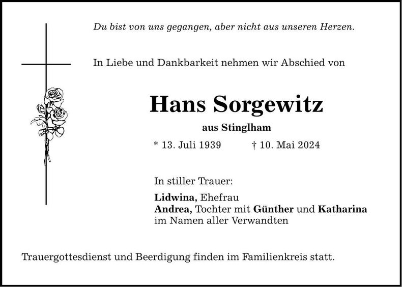 Traueranzeige Hans Sorgewitz
