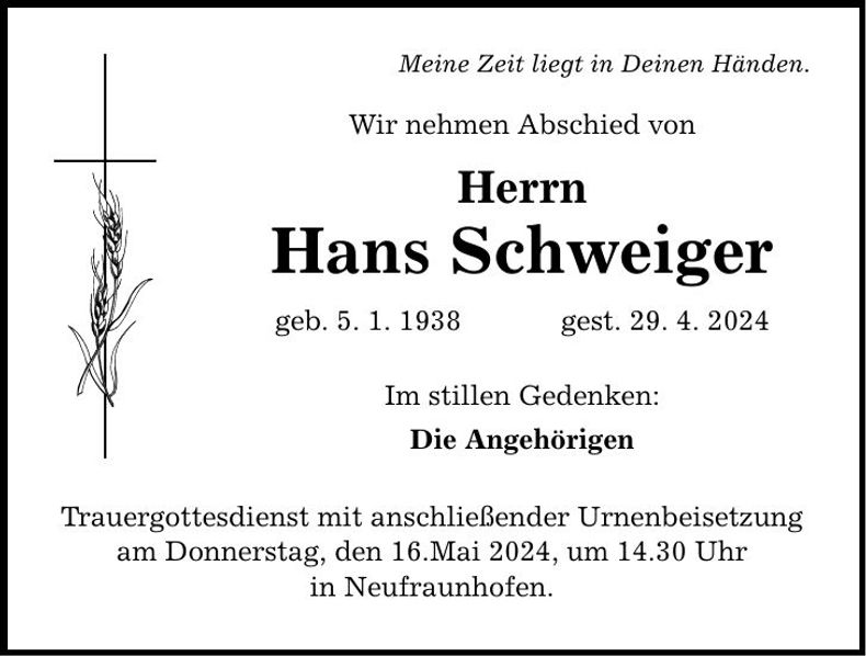 Traueranzeige Hans Schweiger