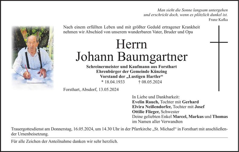 Traueranzeige Johann Baumgartner