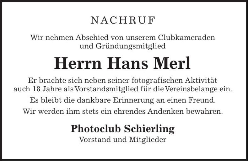 Traueranzeige Hans Merl