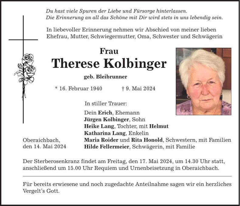 Traueranzeige Therese Kolbinger