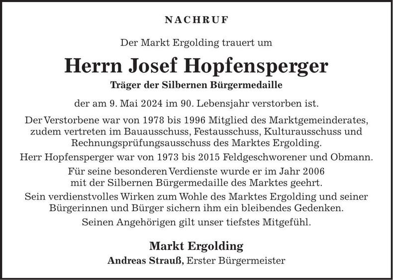 Traueranzeige Josef Hopfensperger
