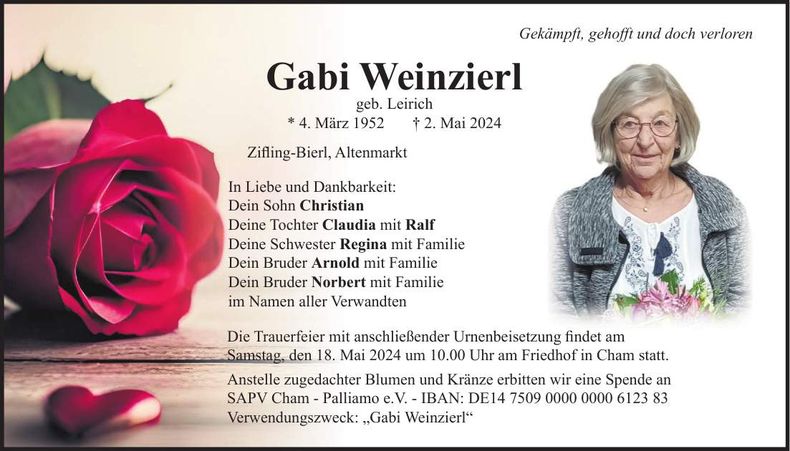 Traueranzeige Gabriele Weinzierl