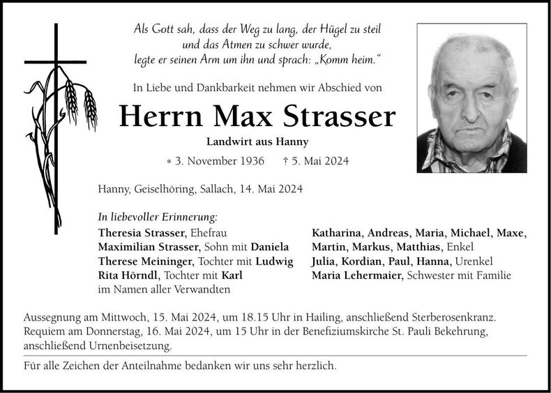 Traueranzeige Maximilian Strasser