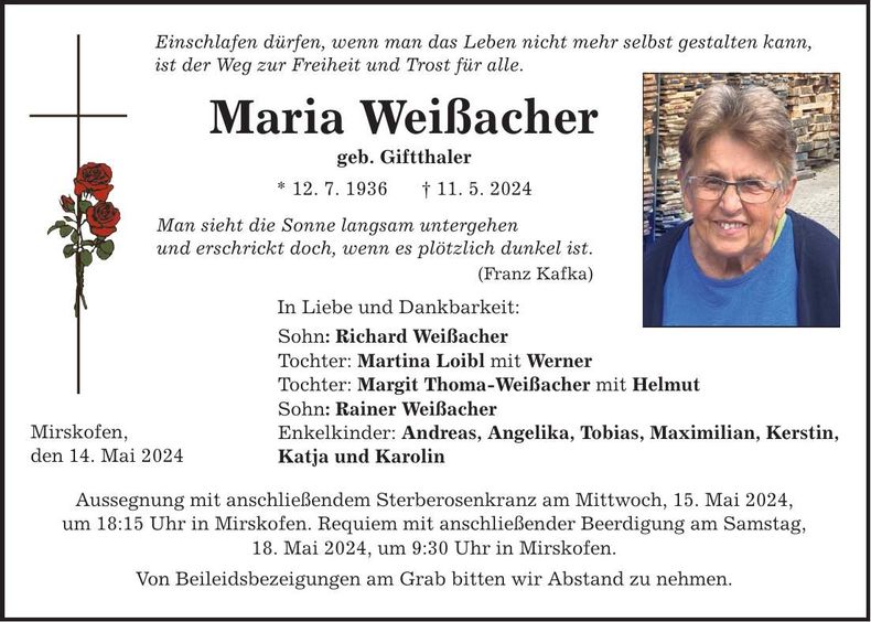 Traueranzeige Maria Weißacher