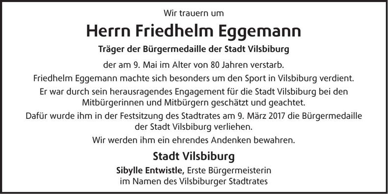 Traueranzeige Friedhelm Eggemann