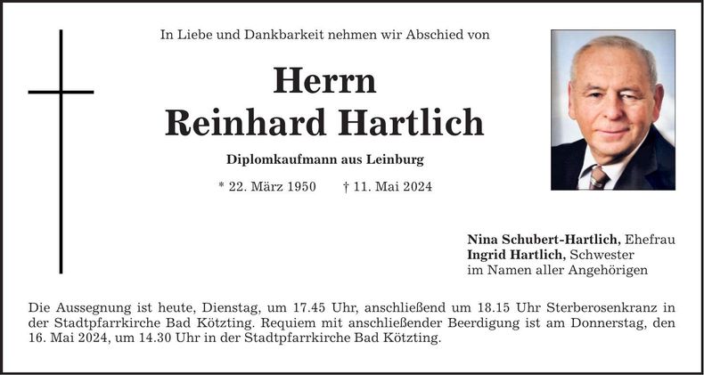 Traueranzeige Reinhard Hartlich
