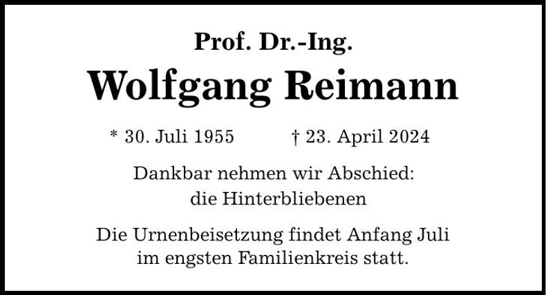Traueranzeige Wolfgang Reimann
