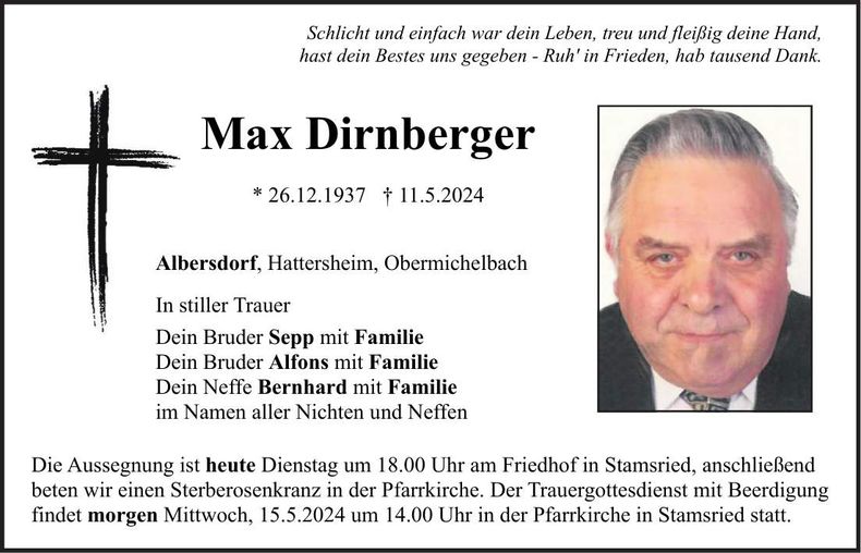 Traueranzeige Max Dirnberger